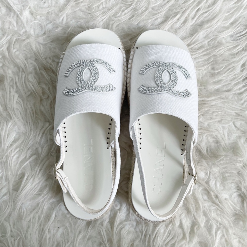 Chanel 24S Interlocking CC Logo Espadrille Slingback White Canvas Rhinestone 38 - Picture 13 of 13